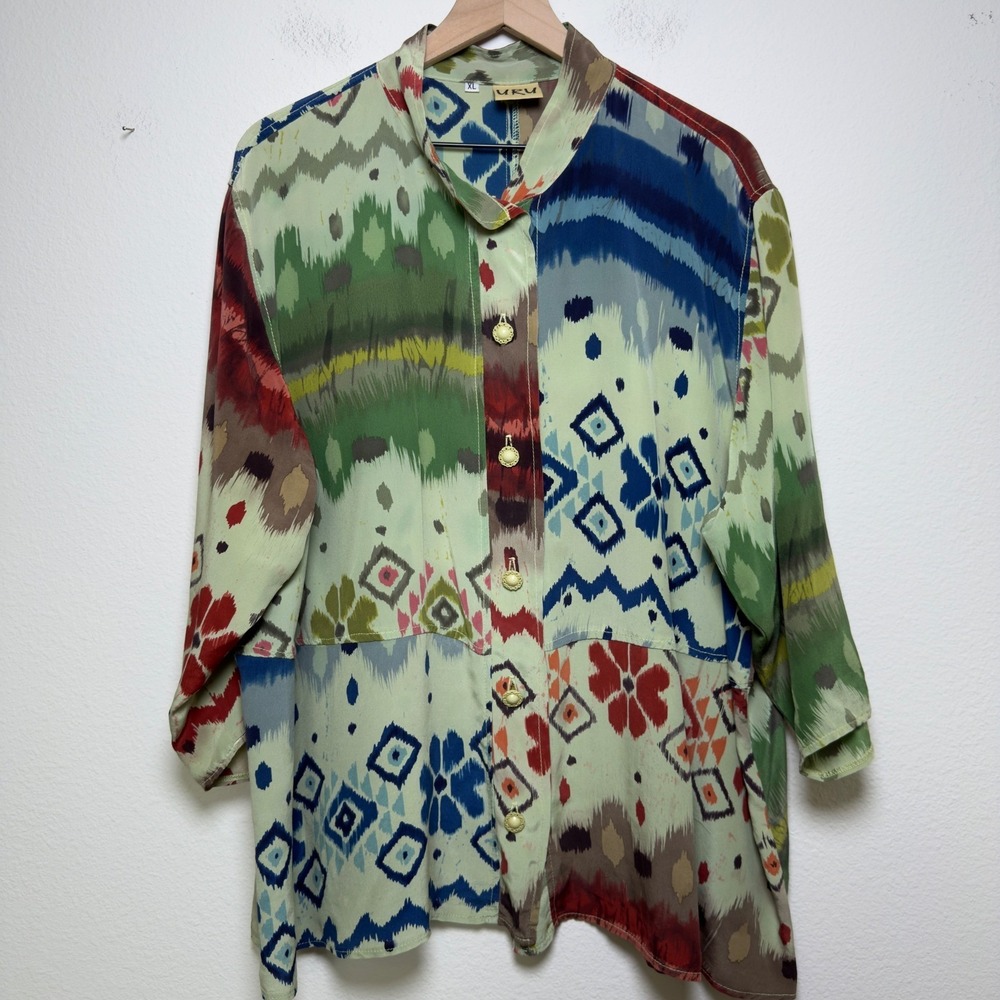 URU Women 100% SILK Button Down Top XL Ikat Abstract Patchwork Artsy Lagenlook